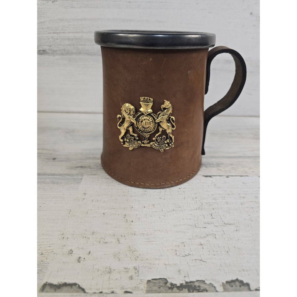 Vintage Real Hide Leather Wrapped Tankard Metal Mug Heraldic Crest England Brown